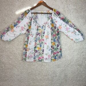 Fig and Flower Floral Lace Peasant Top Womens Large White Boho Tie Neck Blouse